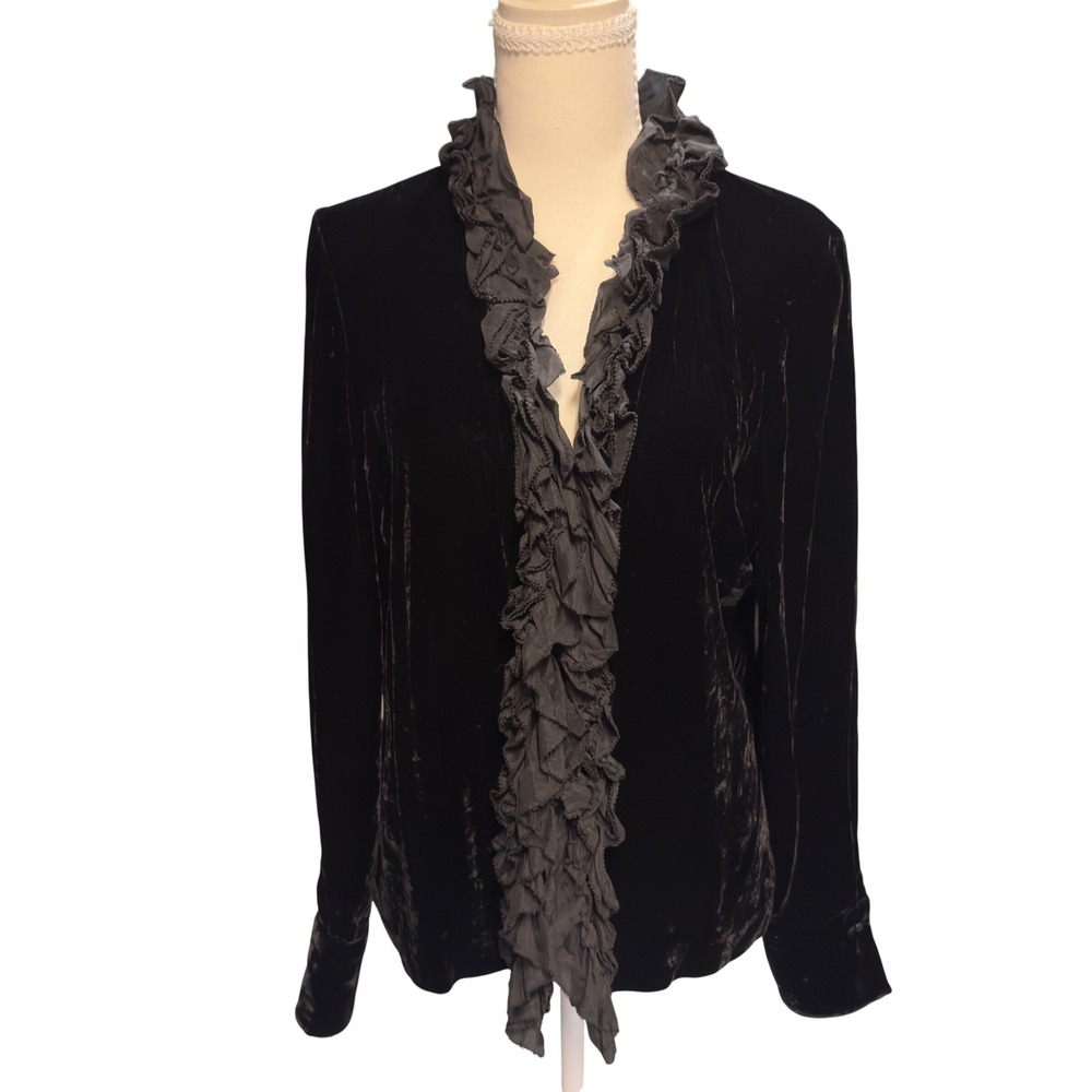 Lauren Ralph Lauren Black Silk Blend Velvet Ruffle Front Blouse Top Womens 12